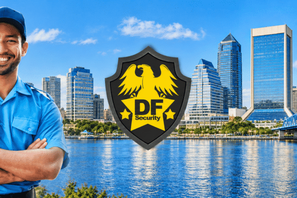 Illustrative composite of a security guard, downtown Jacksonville in daylight, and the centered DF Security shield.