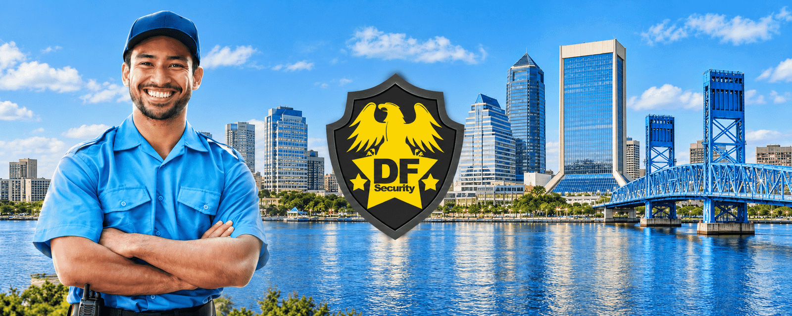 Illustrative composite of a security guard, downtown Jacksonville in daylight, and the centered DF Security shield.