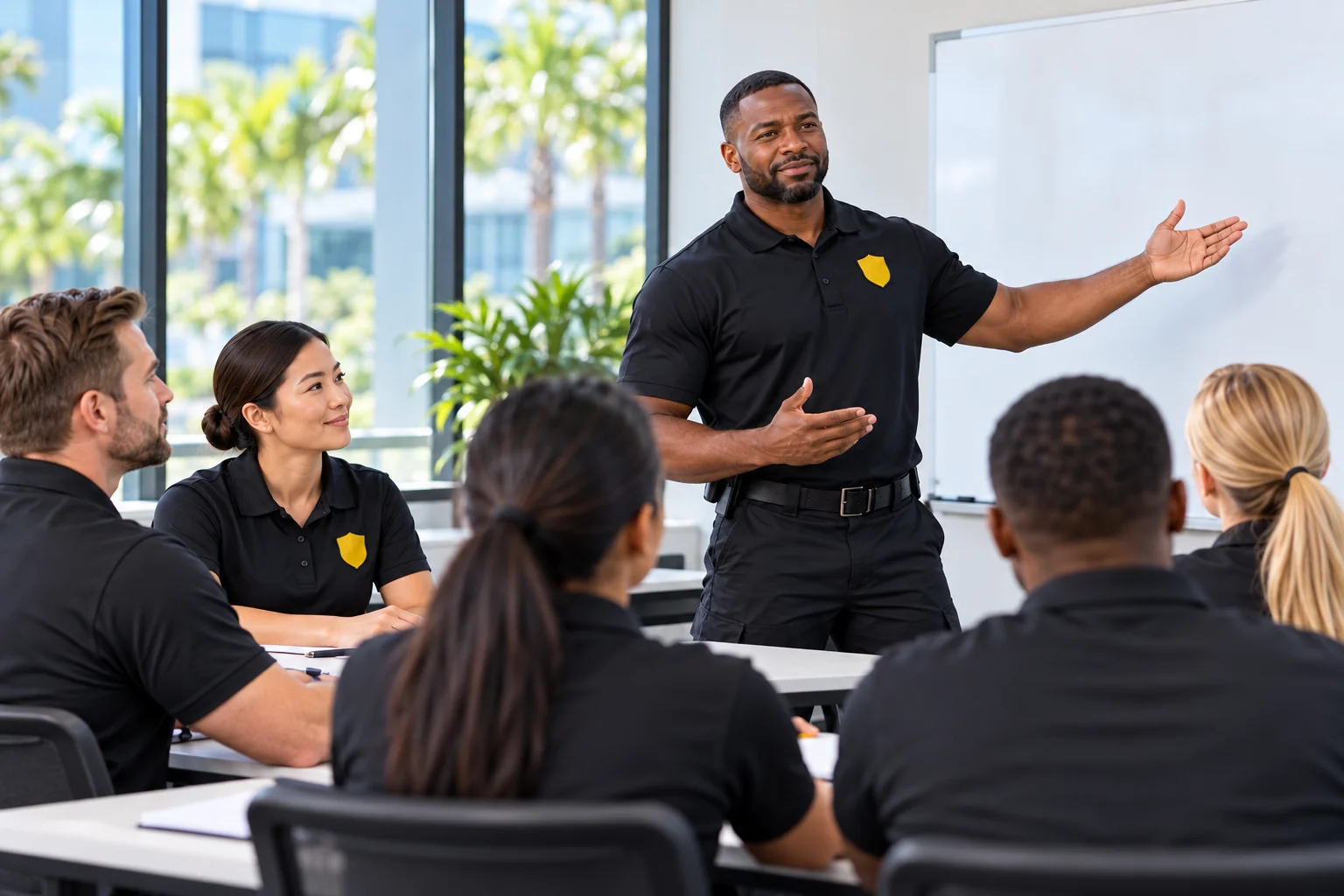 Illustrative image of a security instructor and a diverse group of adult learners